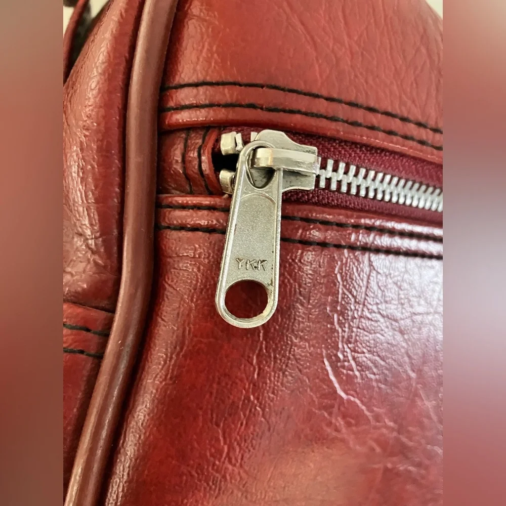 Sears Vintage Travel Bag, Burgundy Leather, YKK Zippers, 44” Adj. Strap